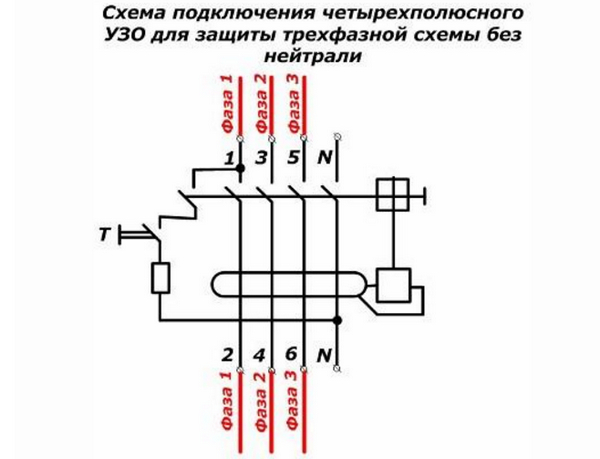 Схема подключения трехфазного дифавтомата. УЗО автомат 3 фазный схема подключения. Схема подключения диф автомата 380в. Схема подключения четырехполюсного УЗО. Подключение дифференциального автомата схема 380 в.