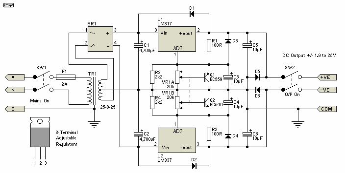 Схема двухполярного блока питания на lm317 и lm337