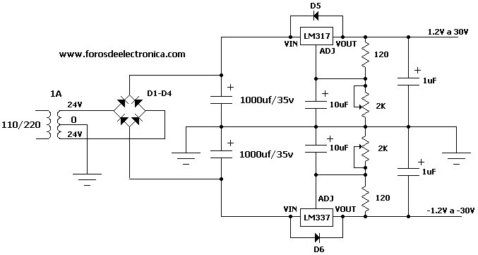 Схема двухполярного блока питания на 30 вольт