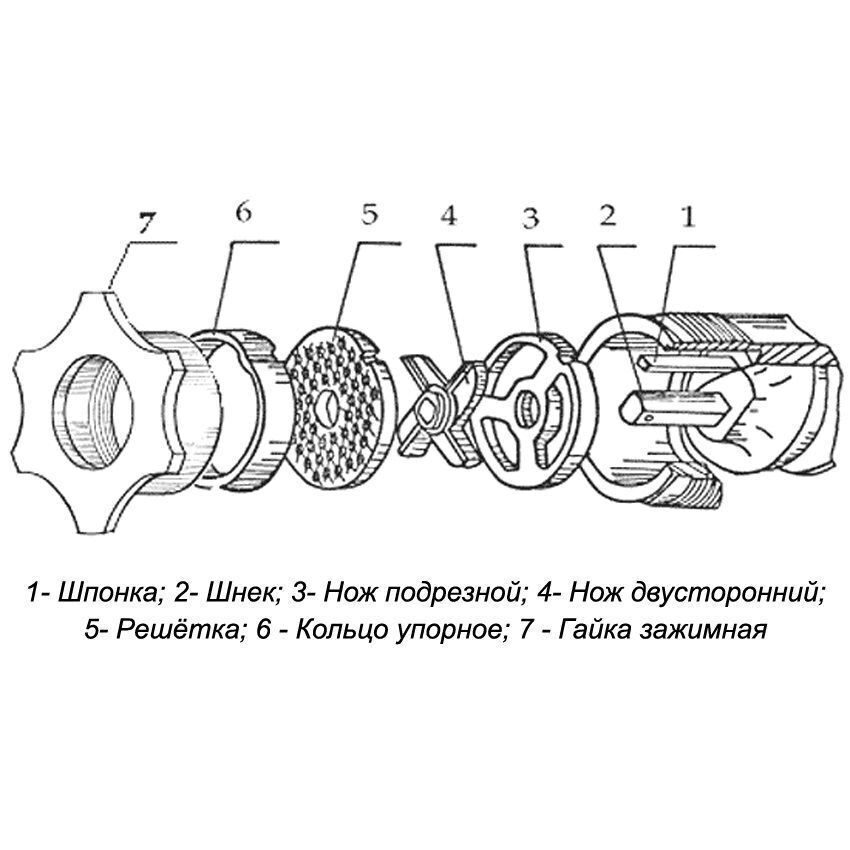 Рассмотрите схему мясорубки обозначьте названия деталей