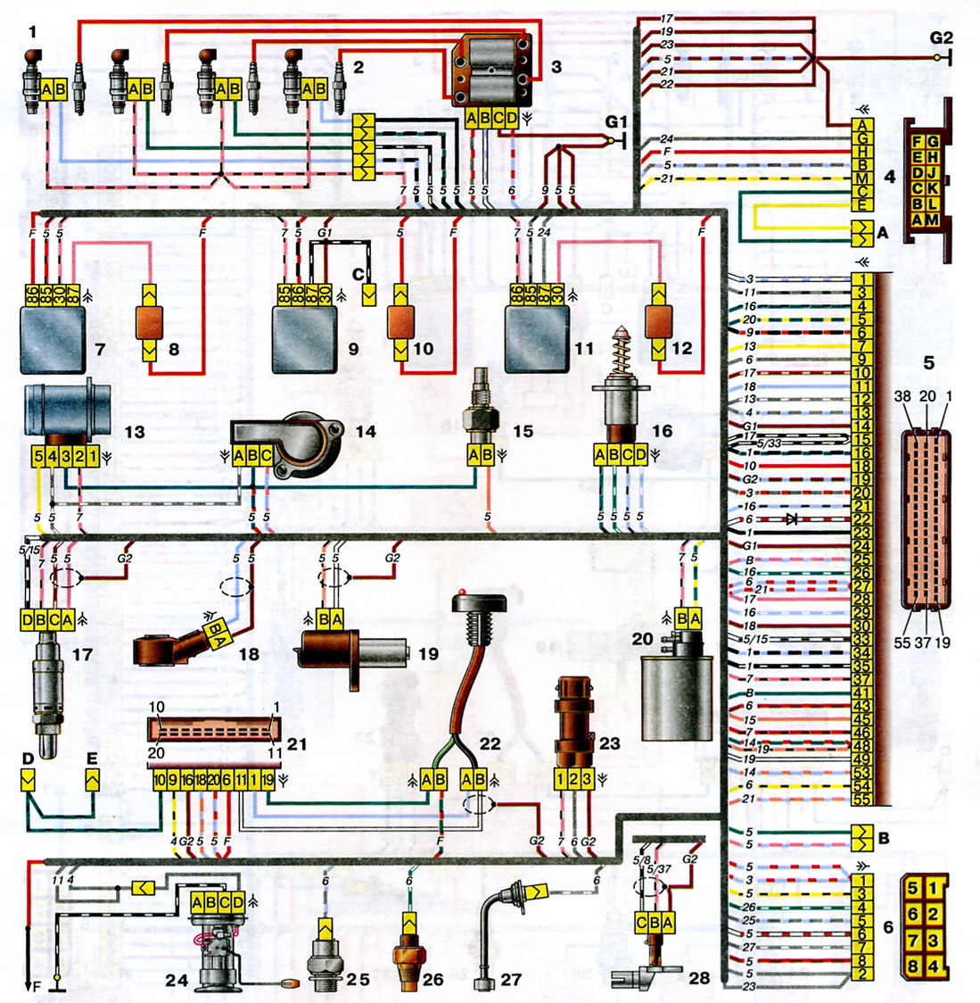 Провода ваз 2111. Схема ЭСУД 2110. Схема управления двигателем ВАЗ 2110 инжектор 8. ВАЗ 2115 схема электропитания на форсунки. Электросхема ВАЗ 2111 инжектор.