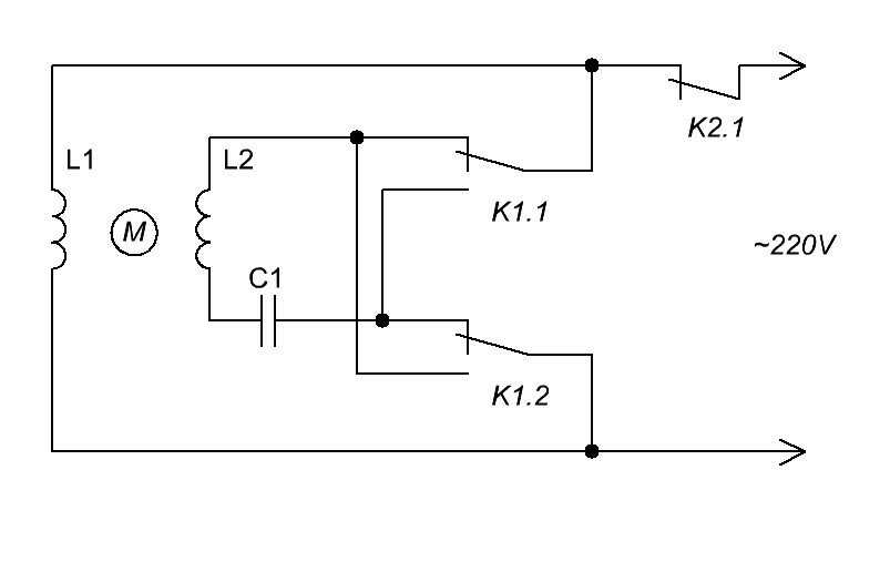 Подключение однофазного двигателя через конденсатор схема с реверсом