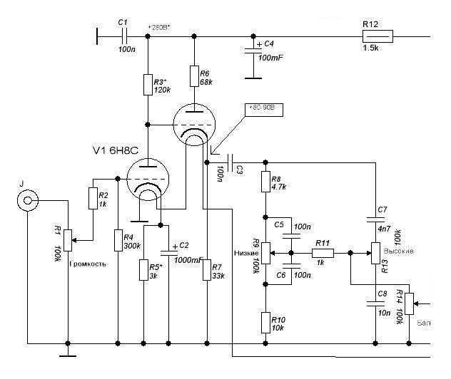 Схема ламповый предусилитель на 6н6п