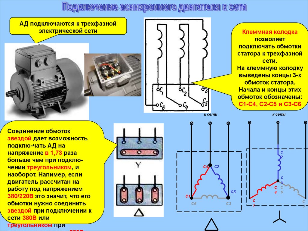 Схема подключения асинхронного двигателя треугольником