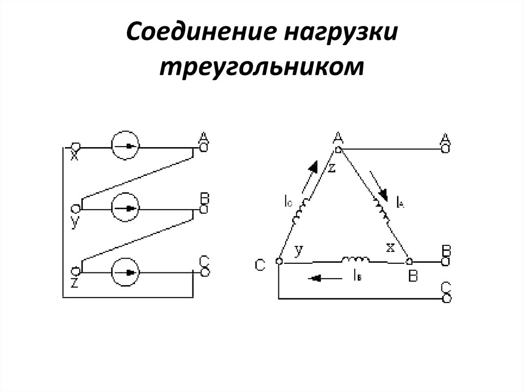 Соединение обмоток звездой и треугольником. Соединение обмоток электродвигателя «треугольником».. Соединение обмоток генератора и нагрузки треугольником. Схема соединения трехфазной нагрузки в треугольник. Схема соединения трехфазного генератора треугольником.