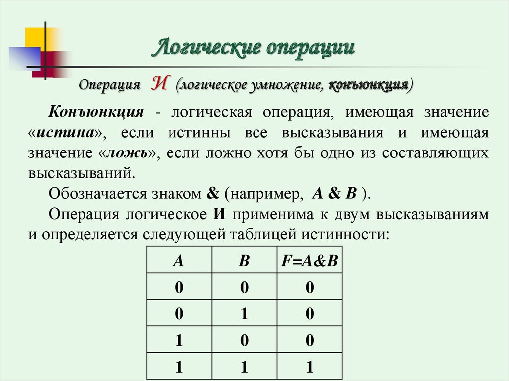 Таблица логических операций