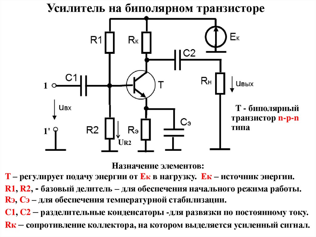 Назначение элементов схемы усилителя