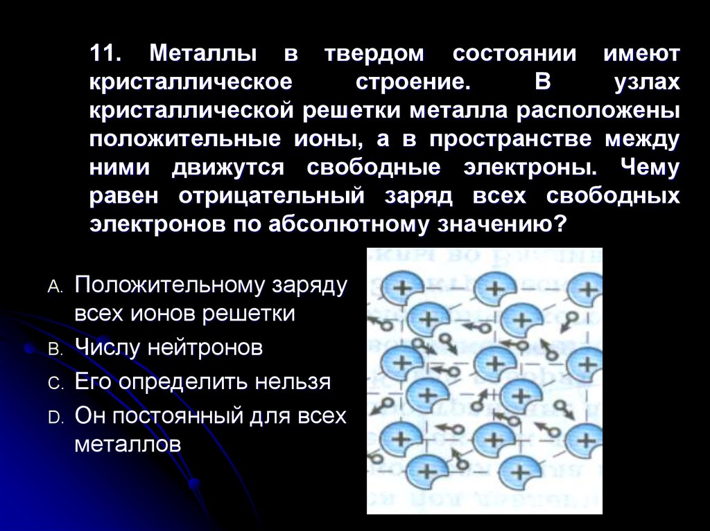 Положительно расположен. Металлы в твердом состоянии имеют кристаллическое строение. В пространстве между ними движутся свободные электроны. Ионы металлов имеют отрицательный заряд. Ионы металлов имеют положительный Заря.