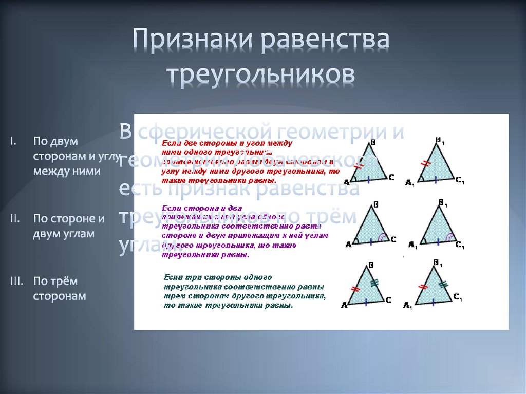 Виды треугольников теорема. Три теоремы равенства треугольников. Основное свойство равенства треугольников 7 класс. Признаки равенства треугольников три признака. 3 Принципа равенства треугольников.