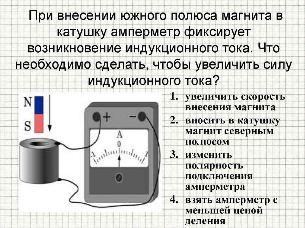 Постоянный магнит с некоторой скоростью вносят в катушку замкнутую на гальванометр см рисунок если