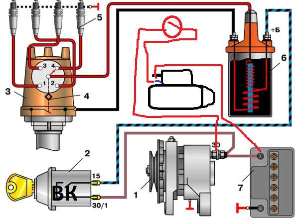 Схема контактного зажигания ваз 2106