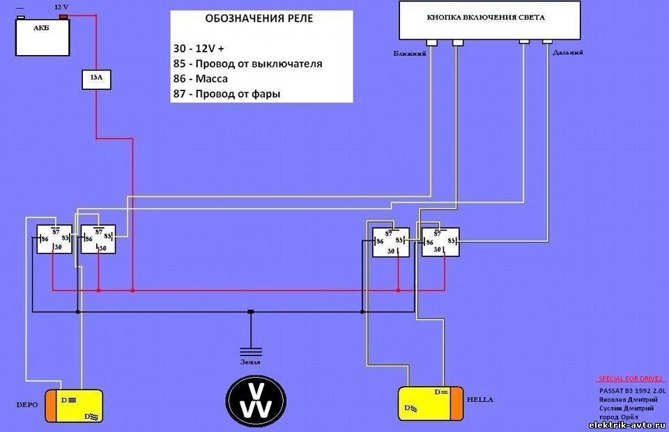 Схема подключения реле на фары