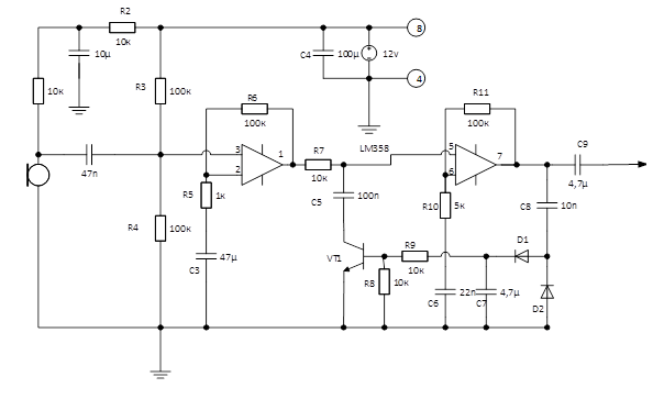 Микрофонный усилитель на lm358 схема