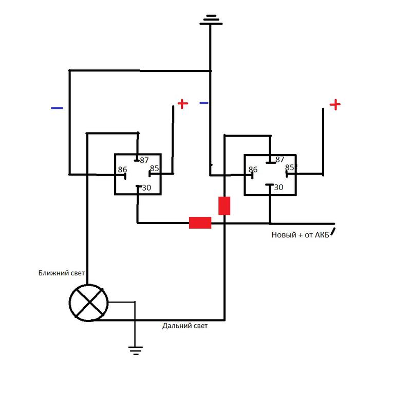 Схема подключения ближнего и дальнего света фар через реле