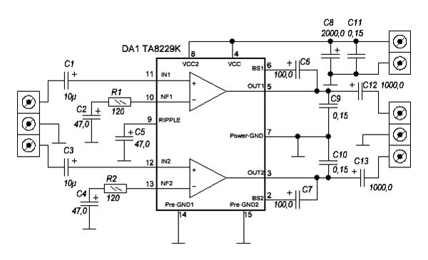 Схема k. Микросхема ta8229k характеристики. Микросхема та8229к параметры. Микросхема ta8229k схема включения. Ta8229k схема усилителя.