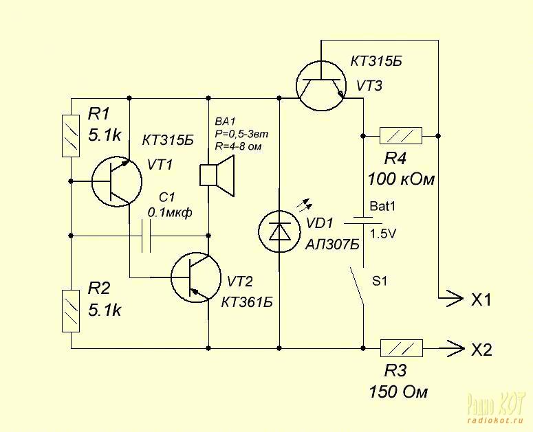 Простые схемы для радиолюбителей. Схема прозвонки на двух транзисторах. Пробник прозвонка индикатор напряжения схема. Схема универсальный пробник-индикатор на двух транзисторах кт. Прозвонка на 3 транзисторах схема.