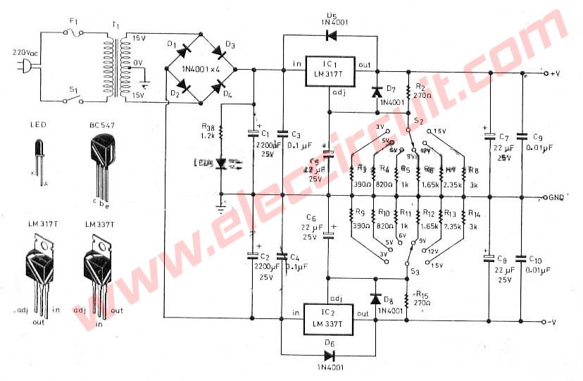 Схема двухполярного блока питания на lm317 и lm337