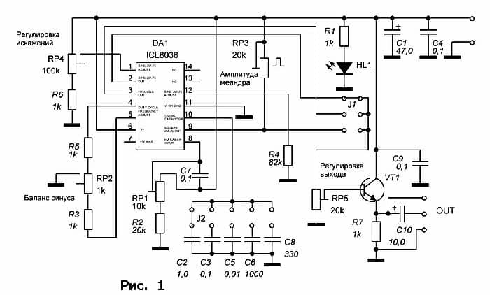 Схема генератора синусоидального сигнала 1 кгц