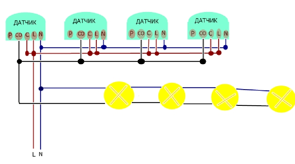 Схема подключения двух датчиков движения на одну линию