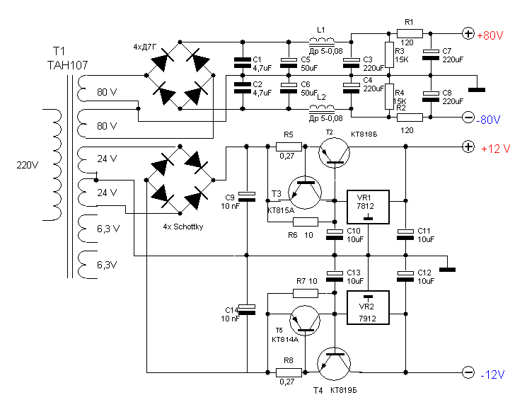 Двуполярный блок питания для усилителя мощности схема