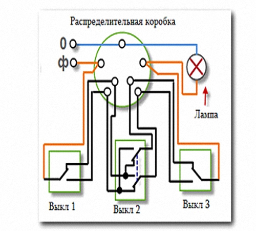 Схема управления светом с трех мест