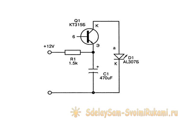 Мигание светодиода на транзисторе схема