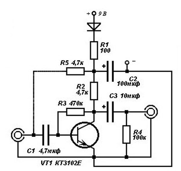 Простая схема микрофонного усилителя на одном транзисторе