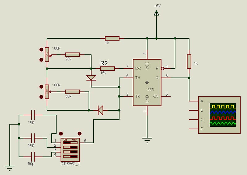 Генератор на таймере 555 с регулируемой частотой и скважностью схема