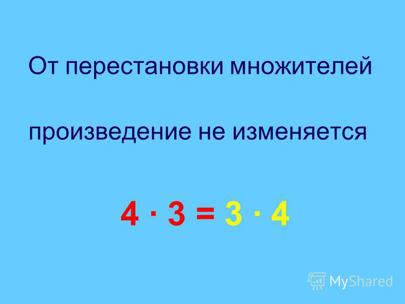 Результат умножения. От перестановки множителей произведение не меняется. Правило от перестановки множителей произведение не меняется. От перестановки мест множителей. От перестановки мест множителей произведение не меняется.