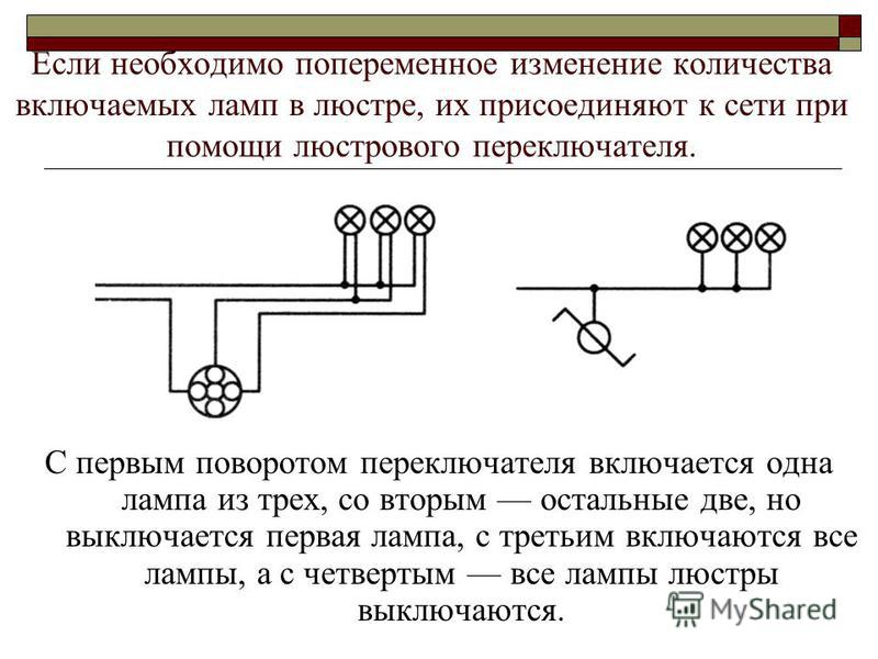 Нарисуйте электрическую схему подключения люстры с четырьмя электрическими лампами накаливания