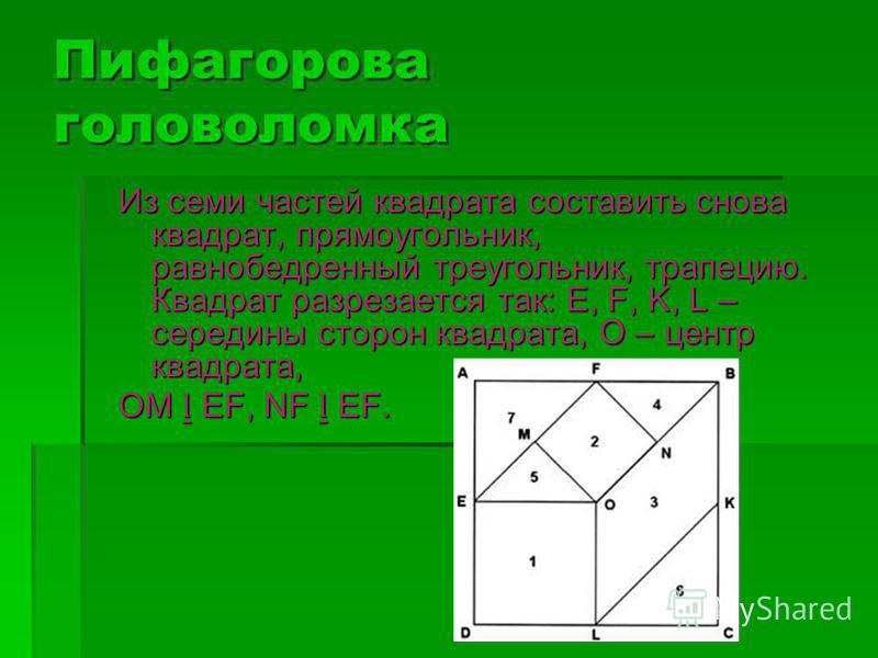 Центр квадрата. Теорема Пифагора головоломка. Прямоугольник Пифагора. Пифагорова головоломка. Пифагорова головоломка из семи частей квадрата.