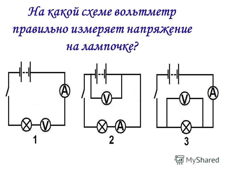 На какой из схем вольтметр включен правильно для измерения напряжения на лампе