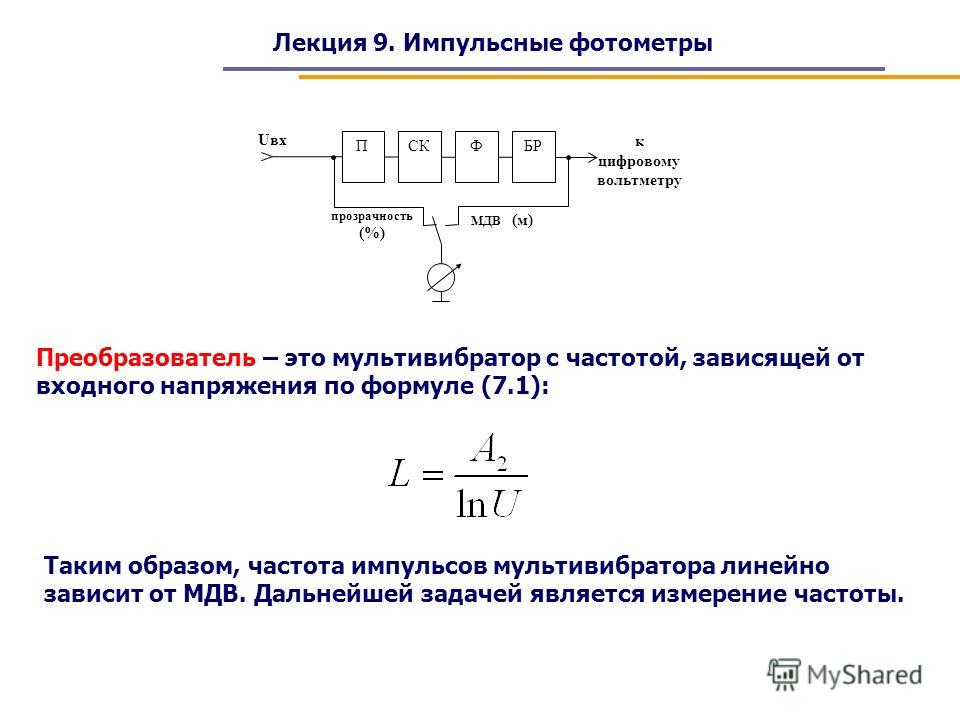 Частота импульсов. Зависимость частоты импульсов от напряжения питания мультивибратора. Фотометр импульсный. Импульсная блокировка входного напряжения. Слайд фотометры импульсные Назначение,.