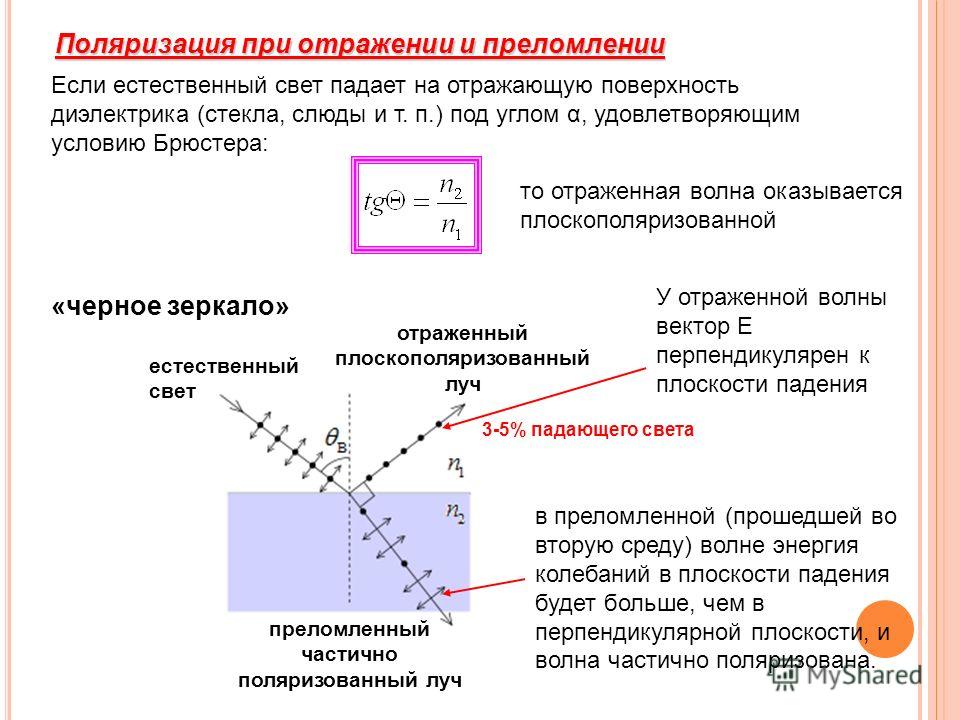 Под углом преломления. Поляризация света при отражении от диэлектрика. Закон Брюстера.. 2. Поляризация при отражении и преломлении света. Закон Брюстера.. Поляризация света при отражение от границы диэлектрика. Степень поляризации при угле Брюстера.