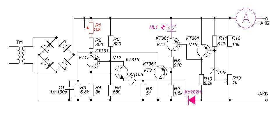 Схема зарядного устройства на тиристоре ку202н и кт117