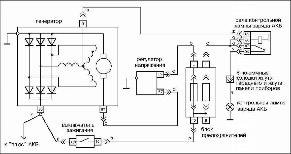 Схема зарядки реле контрольной лампы зарядки