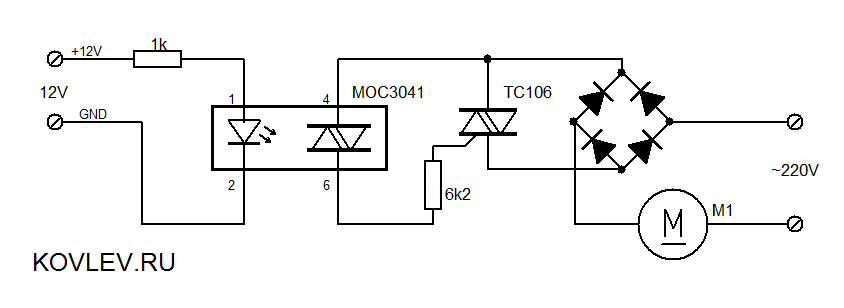 Схема включения симистора через оптопару