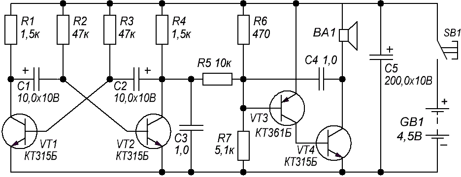 Звонок на схеме. Схема двухтонального генератора звука. Двухтональный звонок на транзисторах схема. Схема дверного звонка 220в. Двухтональный Генератор на транзисторах схема.
