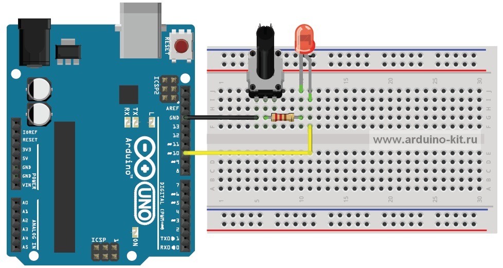 Arduino проект 4: Светодиодная шкала 10 сегментов. Вращением потенциометра меняем количество светящихся светодиодов