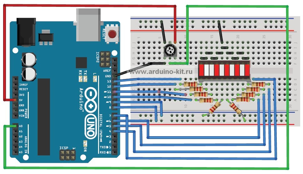 Arduino проект 4: Светодиодная шкала 10 сегментов. Вращением потенциометра меняем количество светящихся светодиодов