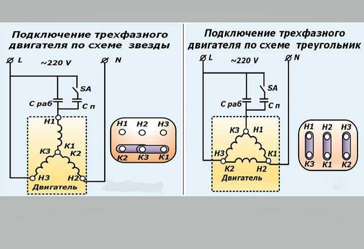 Схема подключения двигателя треугольник на 220