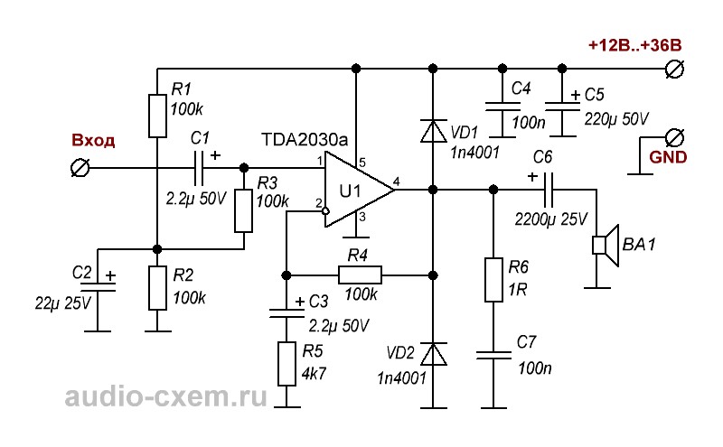 Схема унч на тда 2030 с однополярным питанием