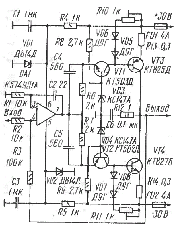 Унч на транзисторах кт818 кт819 схема на 50вт