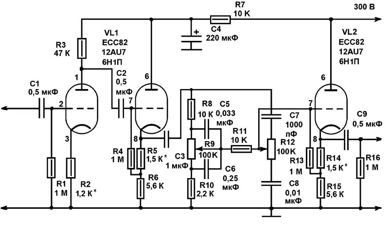 Предусилитель на лампах схема