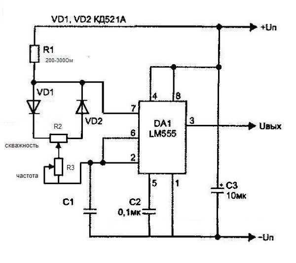 Генератор на таймере 555 с регулируемой частотой и скважностью схема