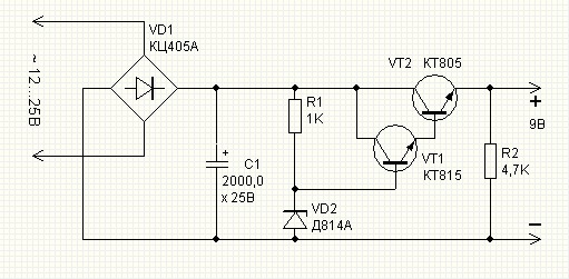 Схема стабилизированного блока питания на 9 вольт