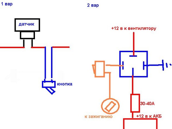 Схема подключения вентилятора охлаждения через реле и кнопку схема