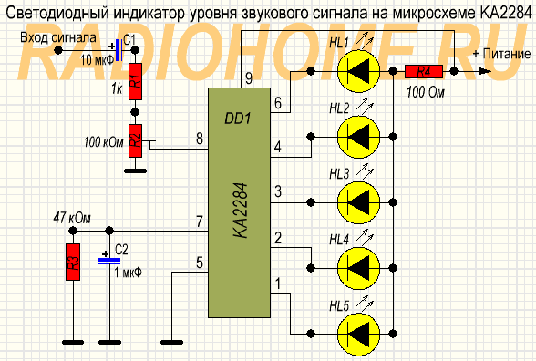 Индикатор звука на светодиодах схема