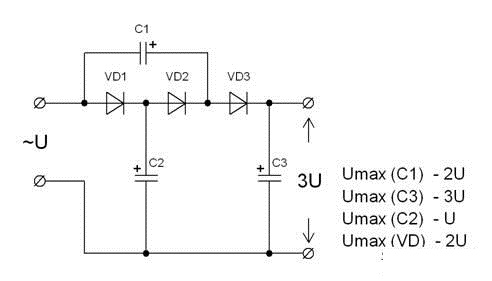 Схема удвоения напряжения на диодах и конденсаторах