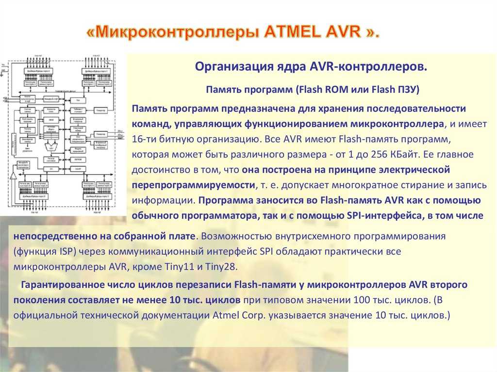 Память программ. Программное обеспечение микроконтроллера. Организация памяти микроконтроллеров AVR.. Основные характеристики микроконтроллера AVR. Применение микроконтроллеров.